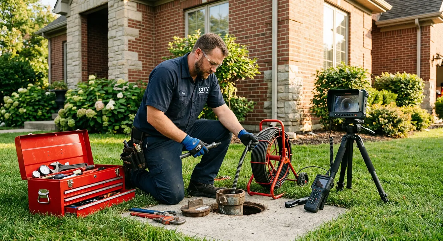 Sewer specialist with camera equipment servicing a cleanout in Bloomington