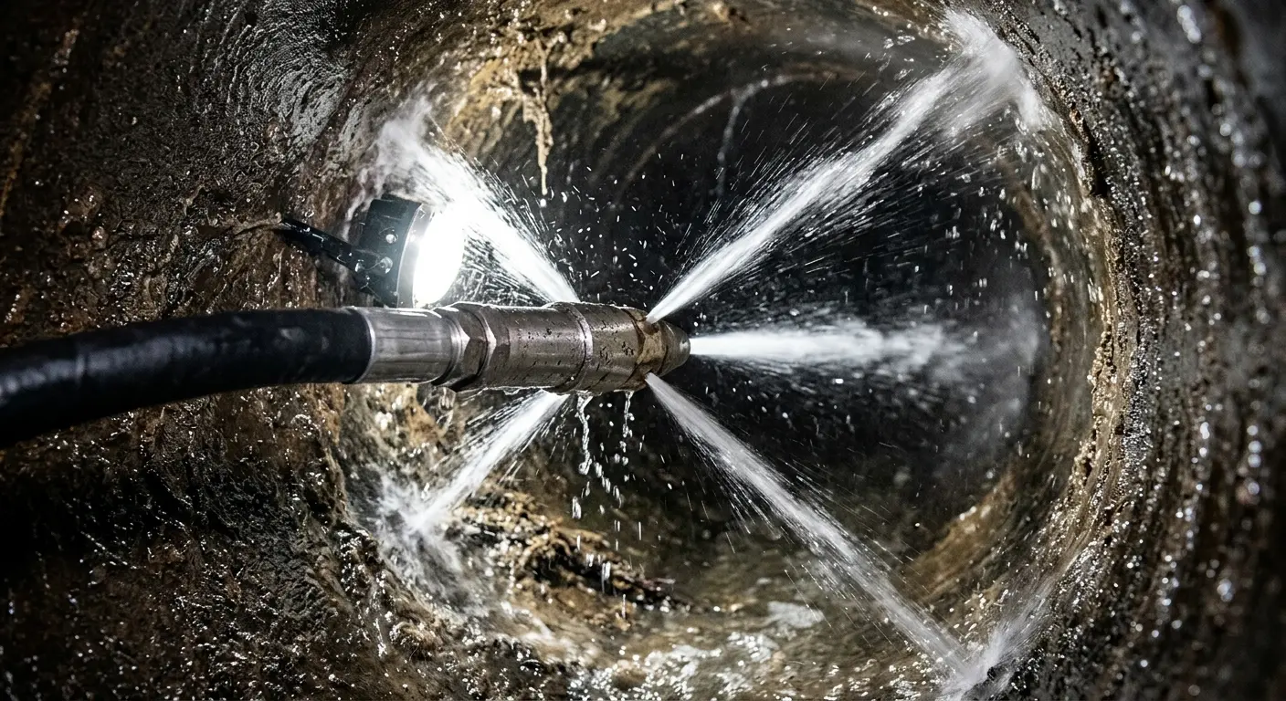 High-pressure hydro jetting nozzle cleaning sewer pipe for Sewer Cleanout in Bloomington