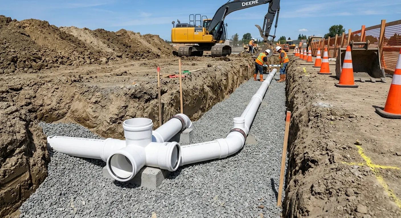 New PVC sewer pipe installation in open trench for Sewer Backup in Bloomington